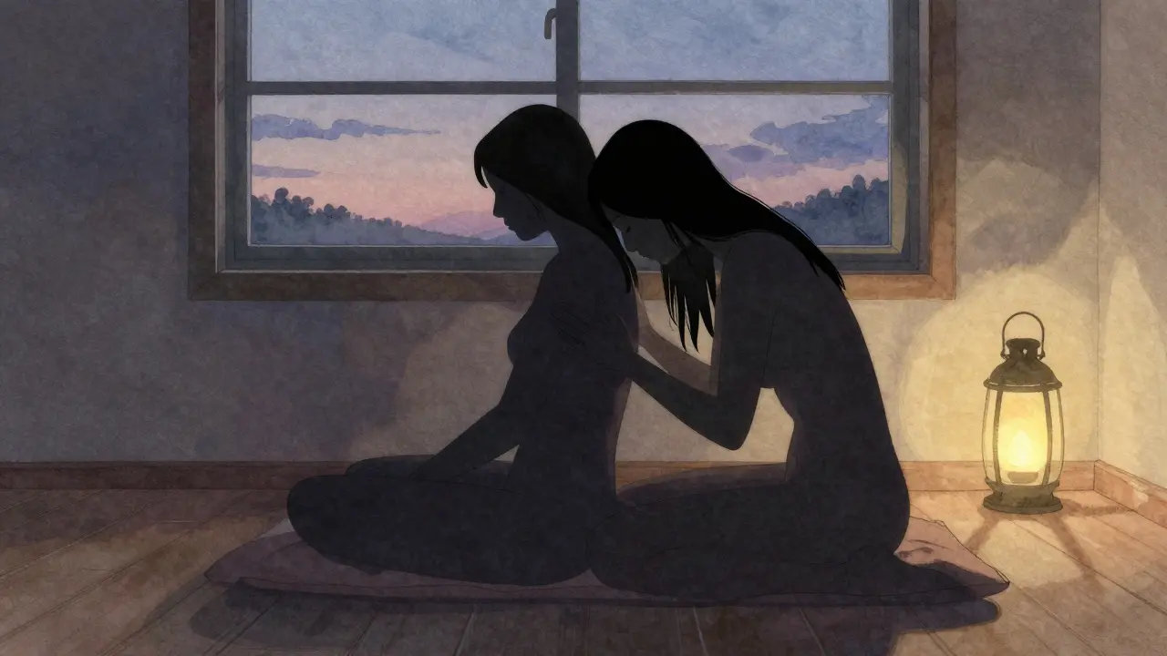 Sessiz bir odada, iki siluet nazik bir masaj ve öpüşme sırasında sessiz bir bağ kuruyor.