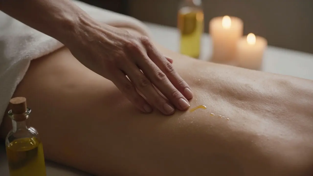 Sırt boyunca süzülen bir el ve dudaklar, yağlı ciltte ışıltı yaratarak dokunuşun akışını gösteriyor.