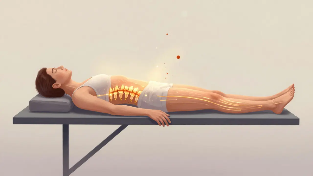 Vücut, omurga üzerindeki baskıyı kaybederek gevşiyor, gerginlik altın ışınlarla çözülüyor.