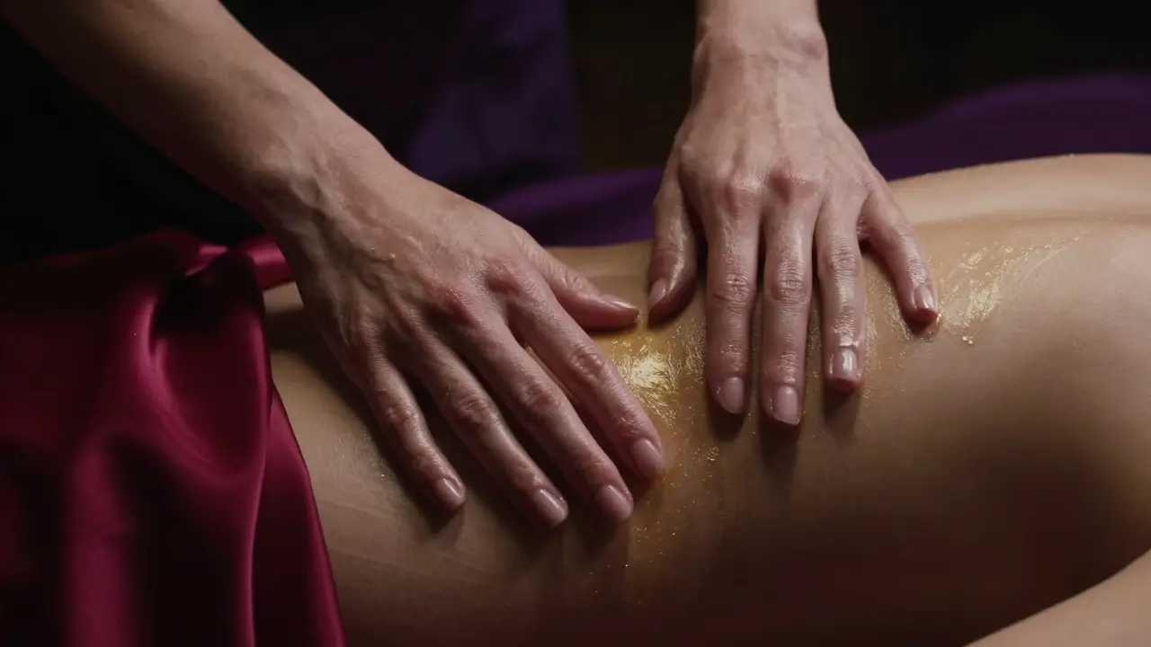 Cilt üzerinde kayan zarif eller ve parlayan masaj yağlarının sanatsal yakın çekimi.