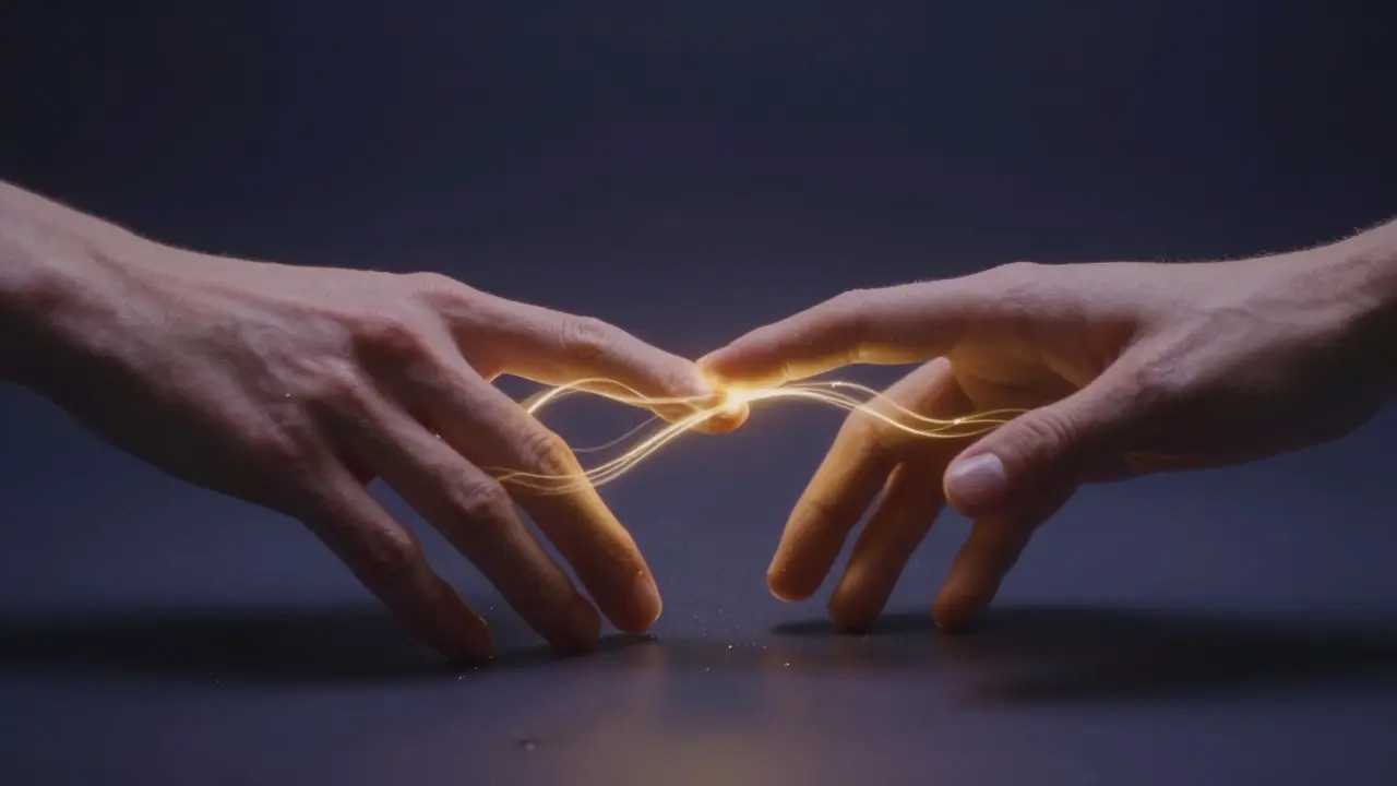 Enerji akışını simgeleyen altın ışıklar ve birbirine yakın eller.