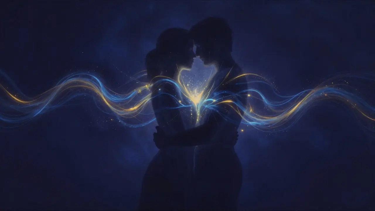 İki insanın derin temasıyla yayılan oksitosin ve rahatlama enerjisinin sanatsal temsili.