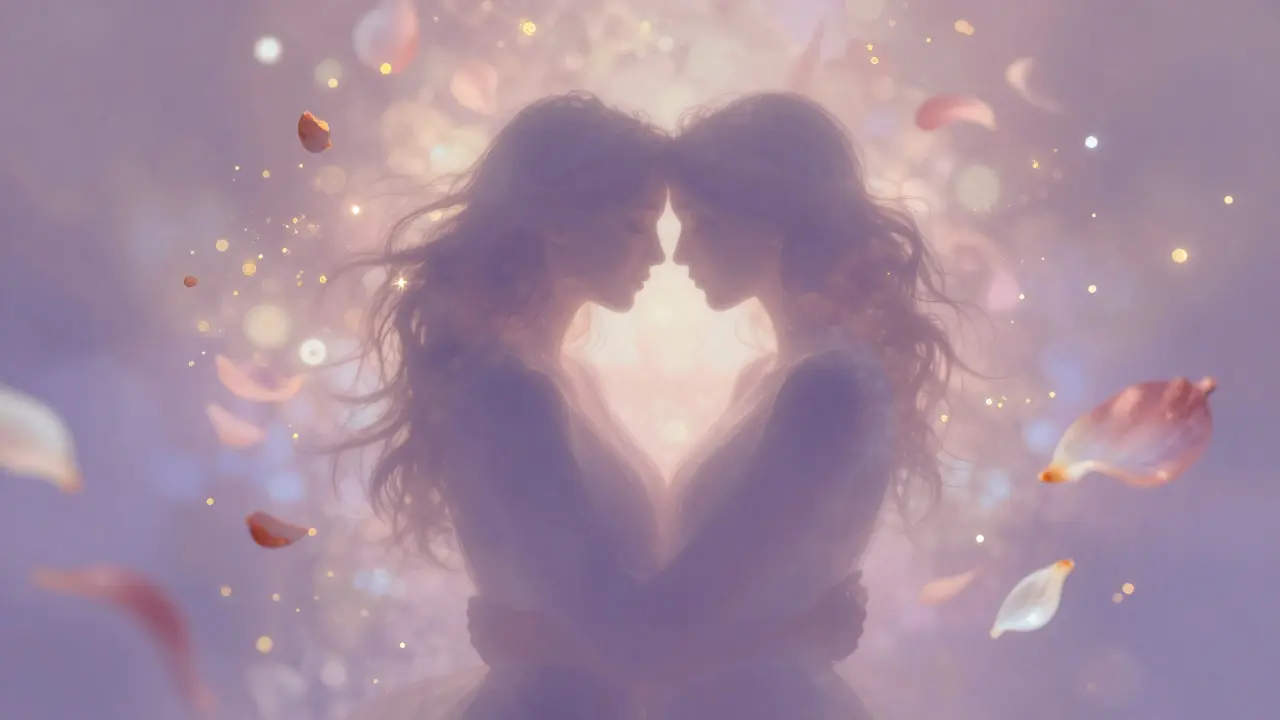 İki kadının kucaklaşmasını temsil eden huzurlu ve ruhsal rahatlamayı anlatan soyut görsel.