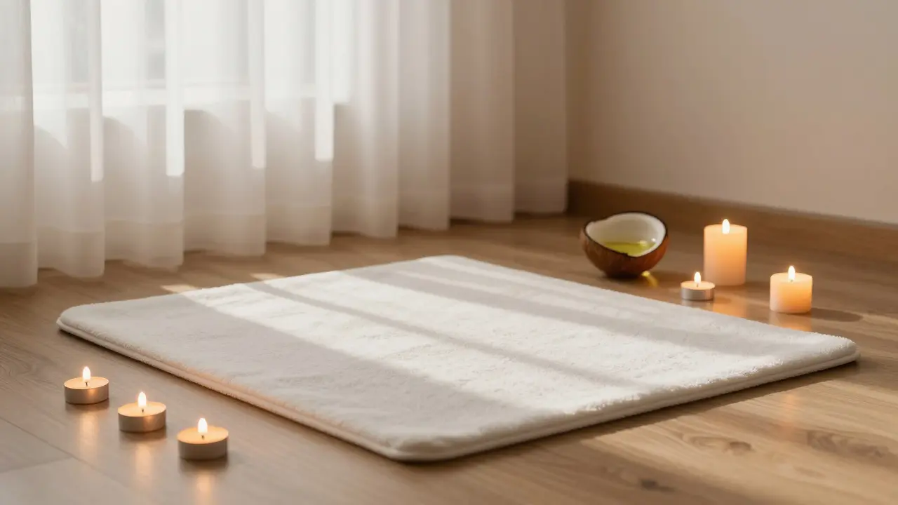 Mumlar ve doğal yağlarla hazırlanmış, güven ve huzur veren dingin bir masaj ortamı.