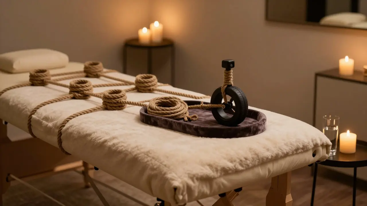 Şibari halatları ve bakım ürünleri ile donatılmış huzurlu bir stüdyo.