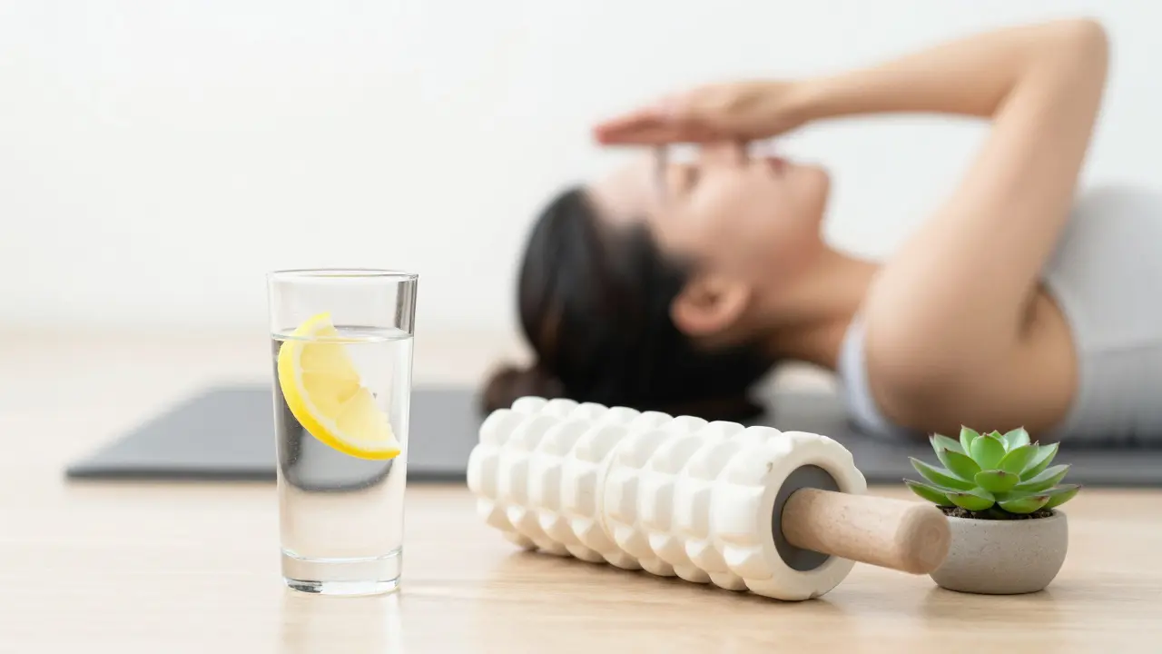 Su bardağı ve foam roller ile sağlıklı yaşamı simgeleyen wellness kompozisyonu