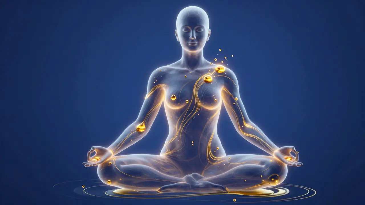 Vücudun enerji dengesini ve yağın şifasını temsil eden soyut altın ışıklar.