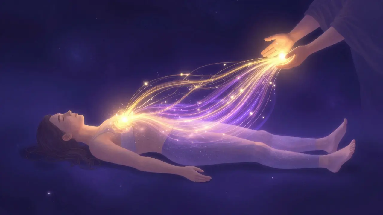 Vücuttaki çakralara akan altın ve mor renkli evrensel yaşam enerjisinin illüstrasyonu