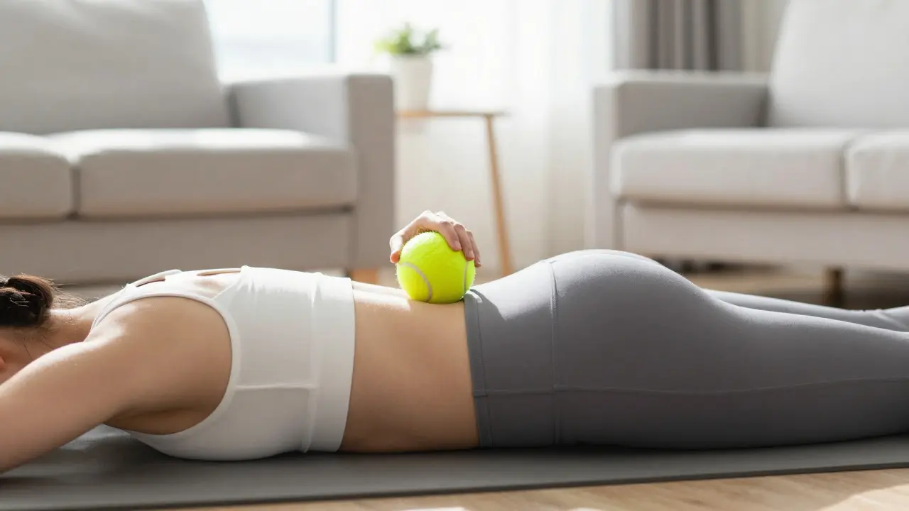 Yogamatı üzerinde sırtındaki düğümler için tenis topu kullanan bir kişi