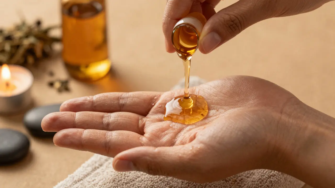 Kendine yapılan ayurvedik masaja sıcak yağ dökülürken yakın çekim