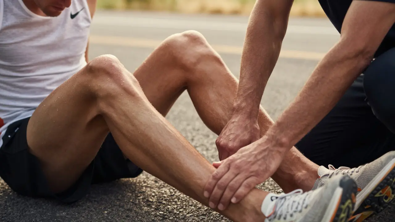 Maraton sonrası yorgun koşucuya iyileştirici spor masajı uygulanıyor
