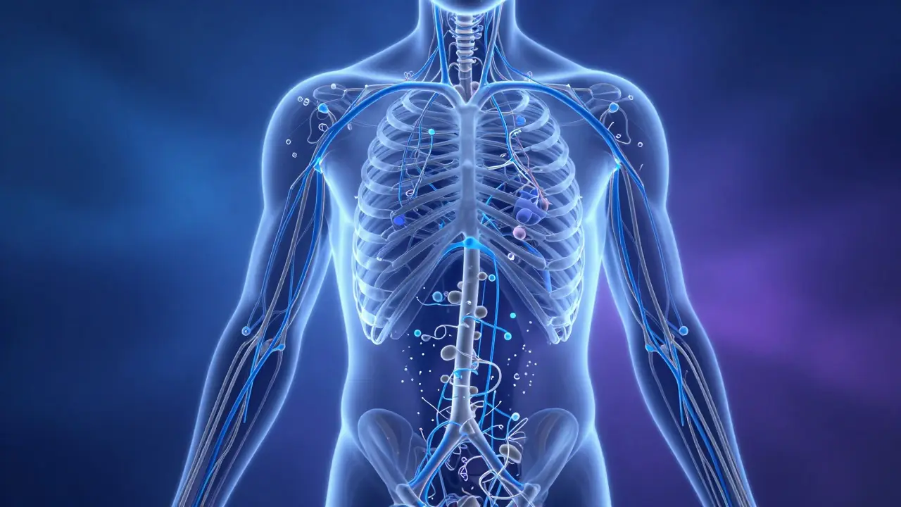 Vücuttaki lenf akışını ve toksin atılımını gösteren şeffaf anatomik illüstrasyon