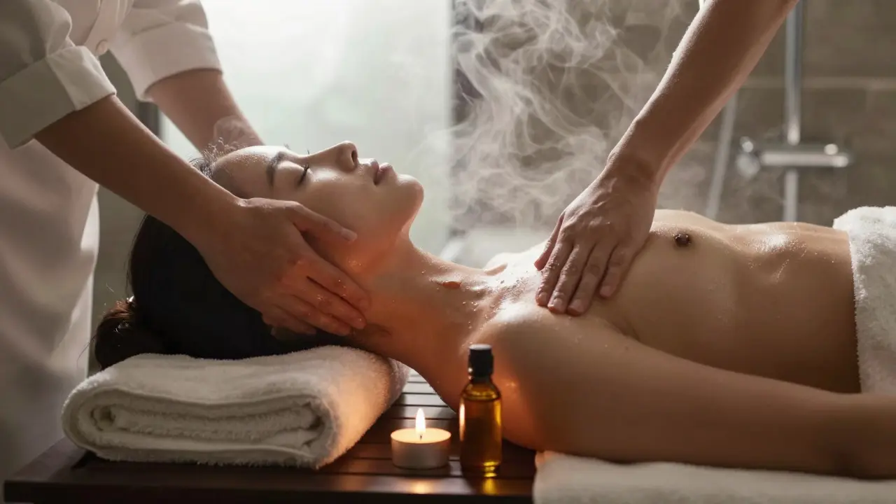 Ayurvedik masaj sonrası buharlı duş alan rahatlamış bir kişi