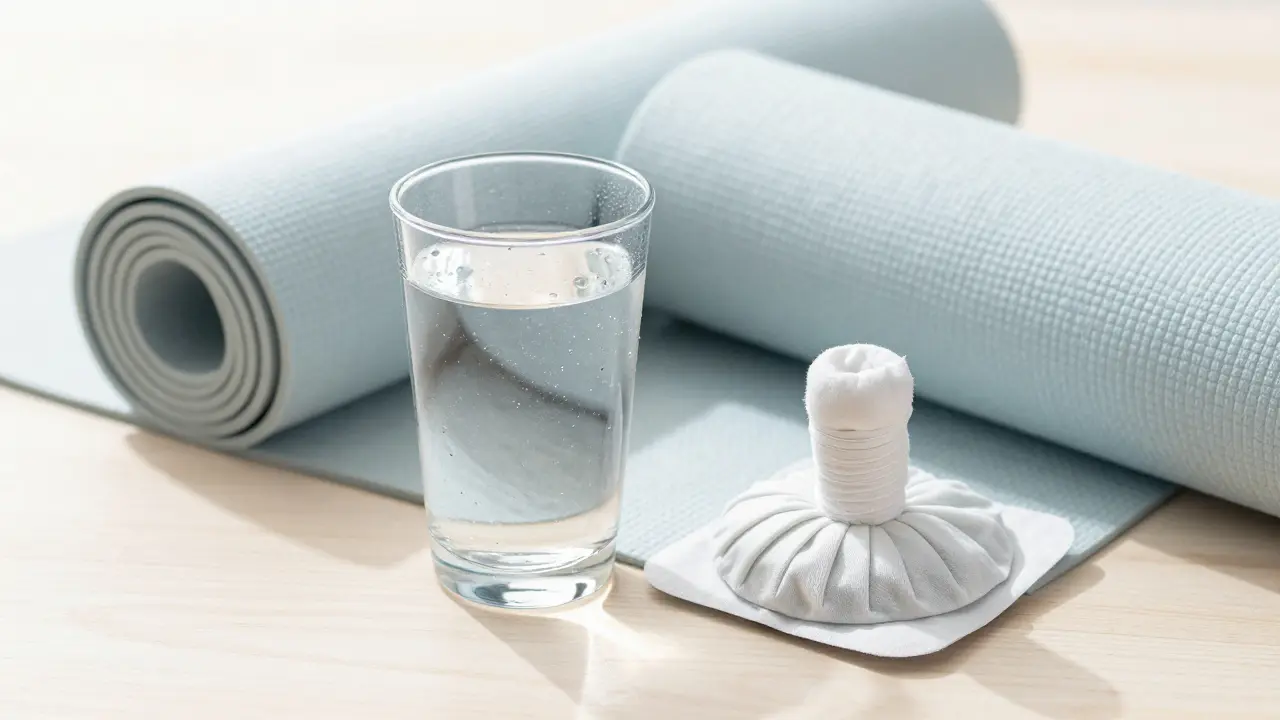 Su bardağı, yoga matı ve soğuk kompres ile sakin bir iyileşme sahnesi