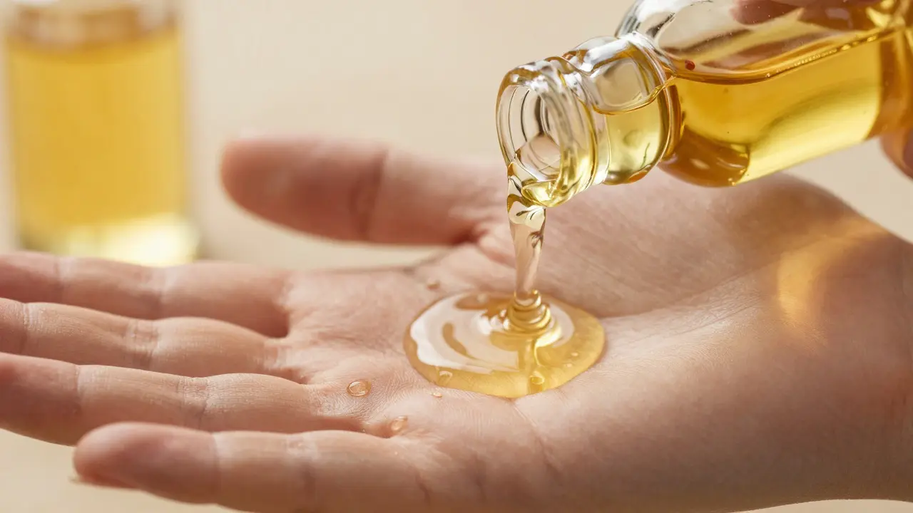 Doğal jojoba yağının avuç içine dökülmesi ve cilt dokusu yakın çekim