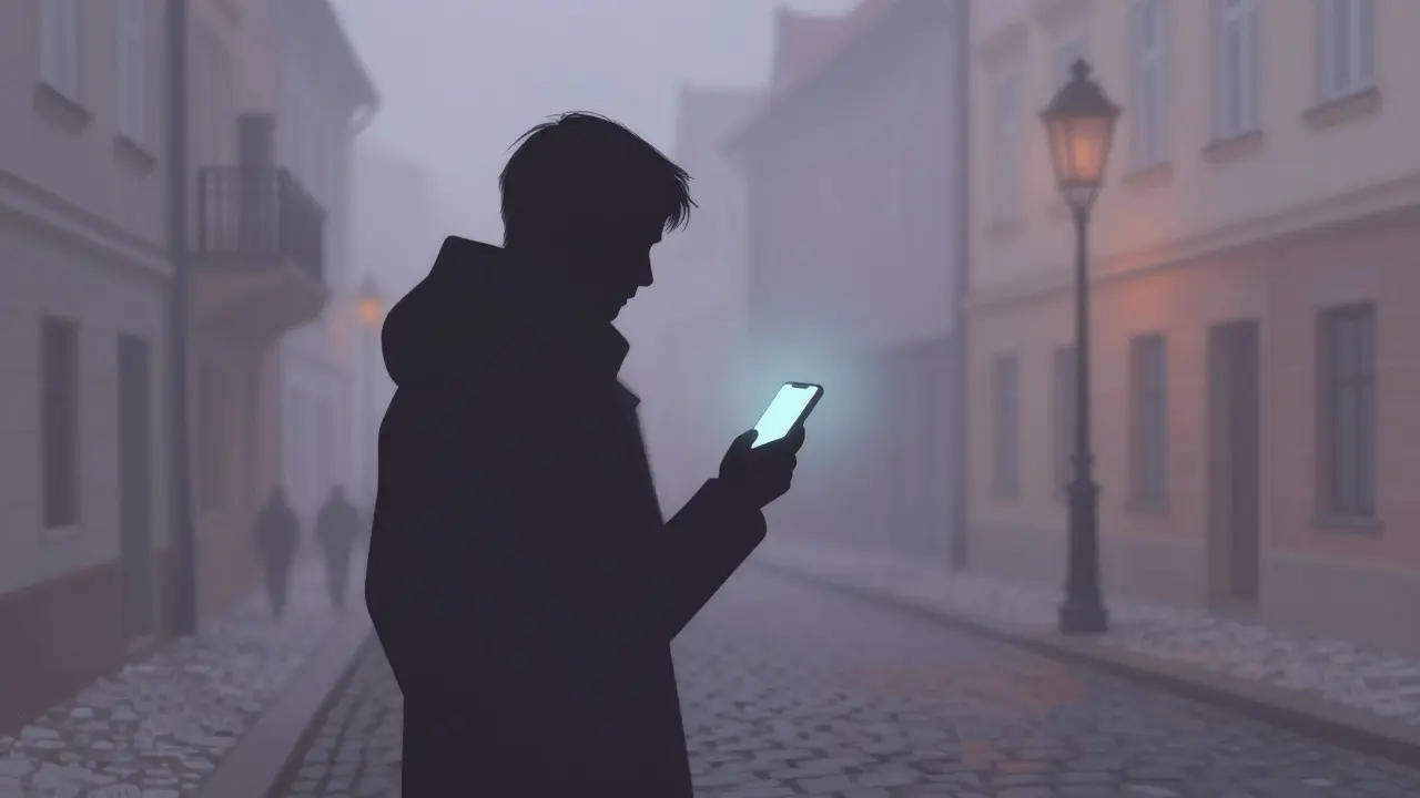Praga sokaklarında gizlilik ve güveni temsil eden soyut şehir manzarası