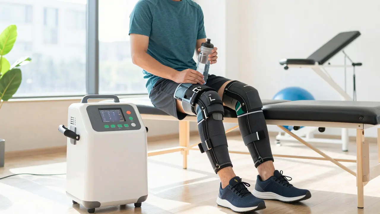 Spor salonunda kompresyon cihazı kullanan ve su içen dinlenen bir atlet